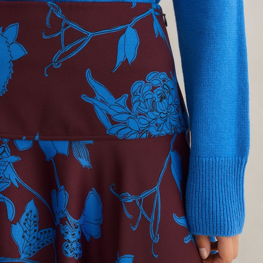 ME+EM Maxi Skirt Deep Cabernet Blue Scribble Floral Print Maxi Skirt Size 6 US